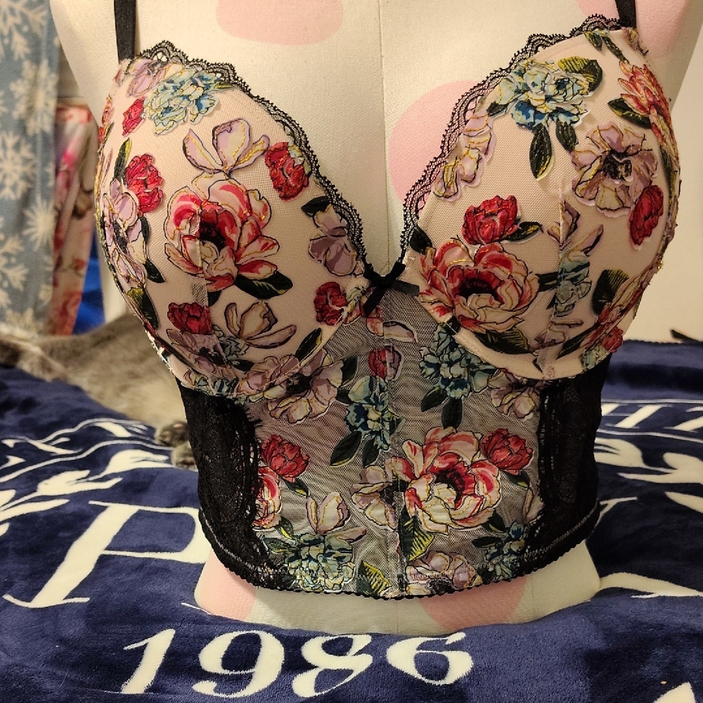 Victoria's Secret Floral Lace Bustier - Black and Multicolor. Vintage